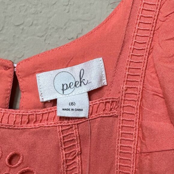 NEW Peek Coral Sleeveless Drop Waist Dress Girl's Size 8 Lined Ruffle Eyelet - Picture 3 of 15